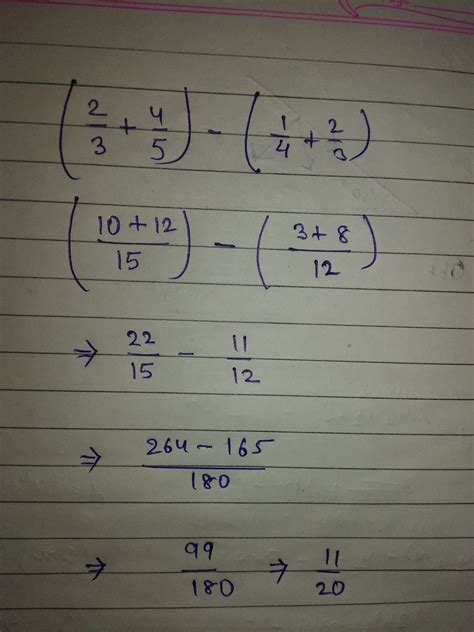 SUB TRACT THE SUM OF 1/4 AND 2/3 FROM THE SUM OF 2/3 AND 4/5 - Brainly.in