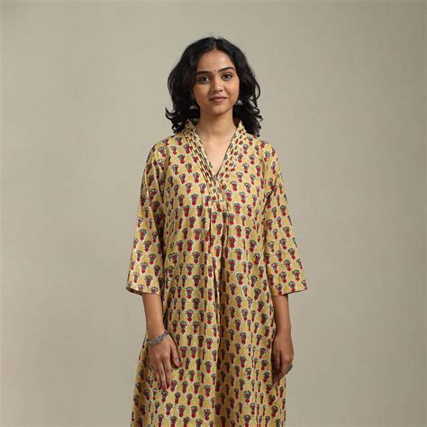 Yellow Block Print Cotton A-Line Sanganeri Kurta