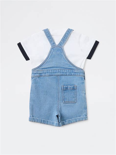 Buy HOP Baby Boys Blue Embroidered T-Shirt and Denim Dungaree Set from ...