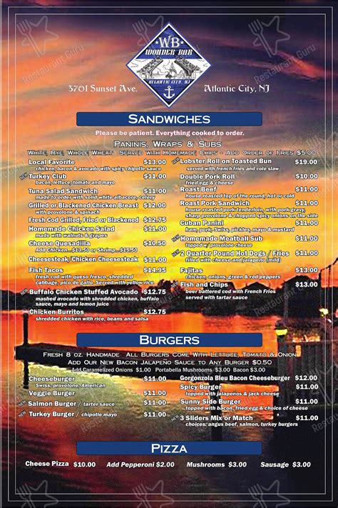 Menu at Wonder Bar, Atlantic City