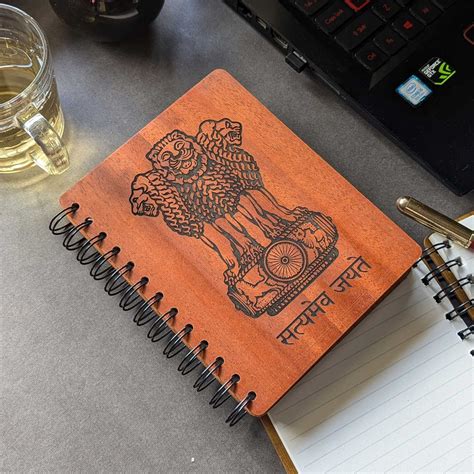 Ashok Stambh Engraved Wood Diary | Ashoka Pillar Emblem Notebook ...