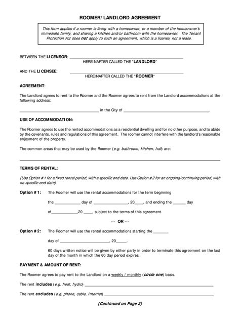 CA Ridgetown Campus Roomer Landlord Agreement - Blank Fillable Template ...