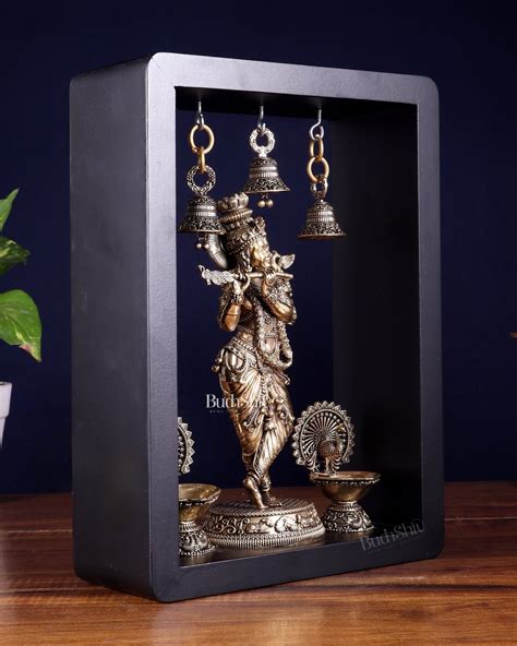 Brass Superfine Lord Krishna with Hanging Bells & Peacock Lamps on MDF ...