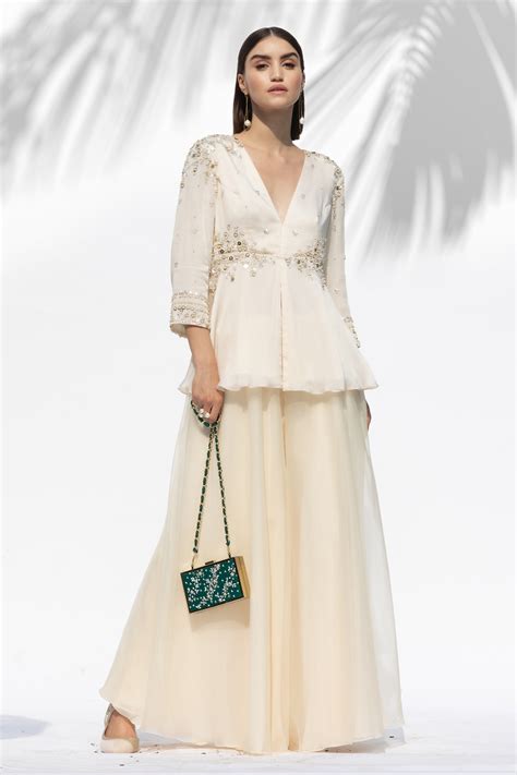 Buy White Organza, Chiffon, Satin Georgette V Neck Peplum Tunic Set For ...