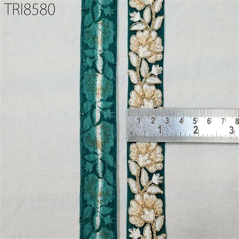 9 Yard Teal Gold Embroidery 25 mm Ribbons Gift Wrapping Indian Sari Em ...