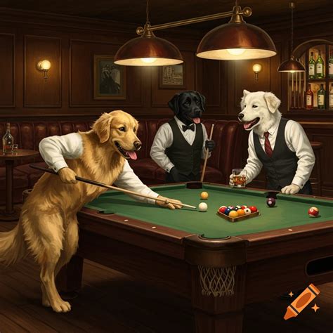 Anthropomorphic dogs playing pool in a dimly lit bar. on Craiyon
