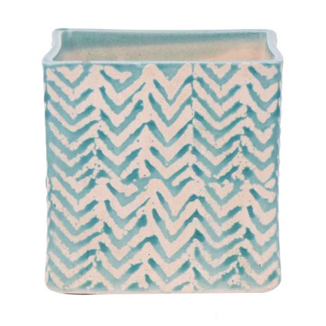 Square Ceramic Pot With Blue Chevron Zig Zag Pattern