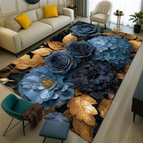 Anti Skid Rugs - Heavy Modern Golden Leaf Accents Rug – Royal Indigo B ...