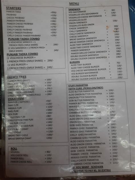 Menu at Punjabi Tadka( Pure Veg, No main course ), Kodaikanal