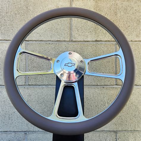 14" Billet Steering Wheel Tri Spoke Gray Half Wrap + Chevy Horn Button Licensed for Sale ...
