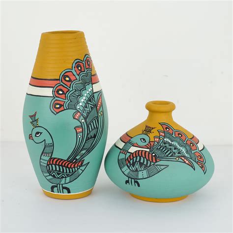 Buy Madhubani Peacock" Terracotta Vase In Green Color, Set of 2 ...