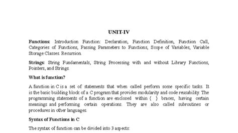 Functions in C: Declaration, Definition, Recursion, and Strings - UNIT ...
