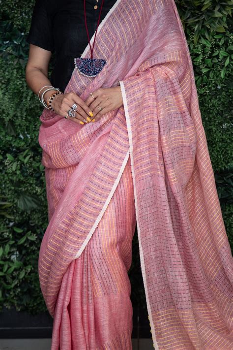 Peach Handloom Woven Linen Saree – Faburra