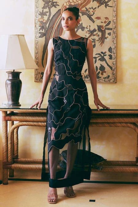 Buy Black Organza Sequins, Patchwork Round Neck Abstract Dress For ...