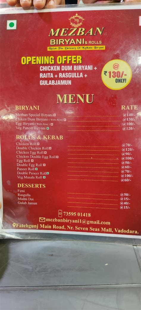 Menu at Mezban Biryani, Vadodara
