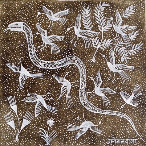Buy Tribal and Folk Art Online – Snake & Birds Warli Painting on Canvas ...