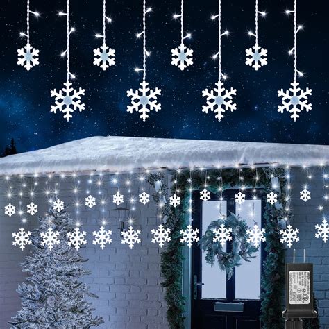 Christmas Snowflake Lights Outdoor, 17.22ft 264 LED Snowflake Icicle Lights with 22 Drops, 8 ...