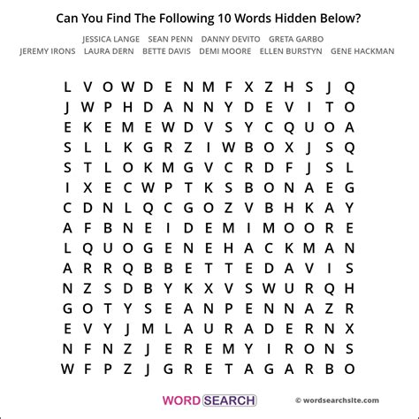 Actors Word Search 8 - Jessica Lange, Sean Penn, Danny DeVito, Greta ...