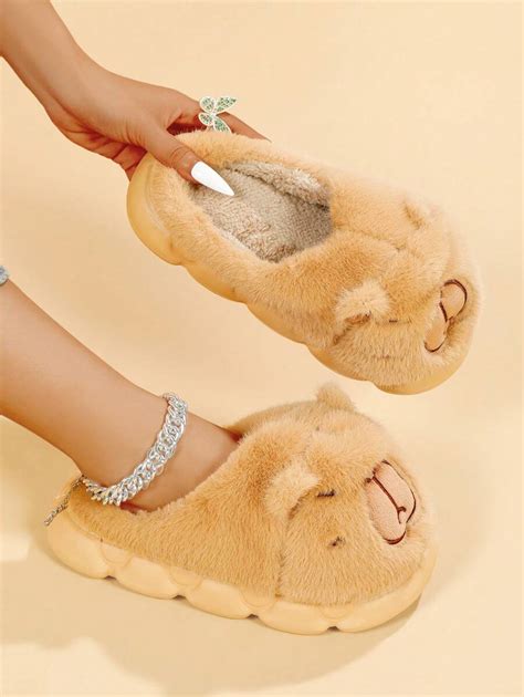 Cute Capybara Big Head Slip-On Slippers For Women, Warm And Plush One ...