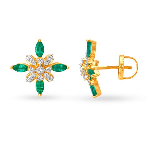Vibrant 18 Karat Yellow Gold And Diamond And Emerald Floral Studs