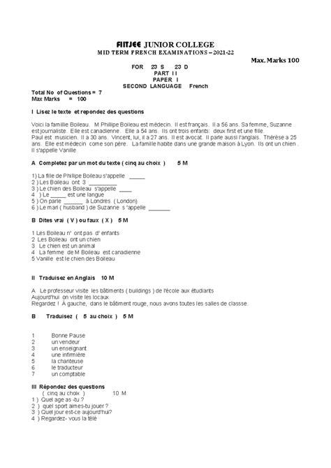 First French notes - FIITJEE JUNIOR COLLEGE MID TERM FRENCH ...