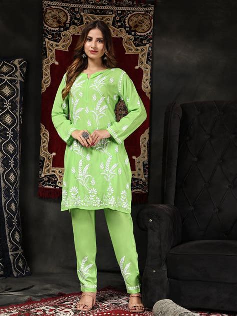 Green Chikankari Short Modal Kurta Set - House Of Kari (Chikankari ...