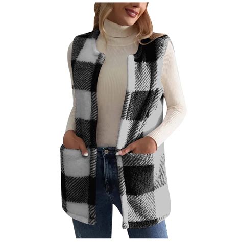 FAVIPT Fuzzy Plaid Vest for Women Fleece Sherpa Open Front Jacket ...