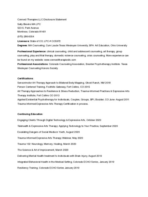 Fillable Online Connect Therapies LLC Disclosure Statement 2020 updated ...