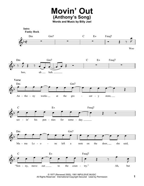 Movin' Out (Anthony's Song) by Billy Joel Sheet Music for Pro Vocal at ...