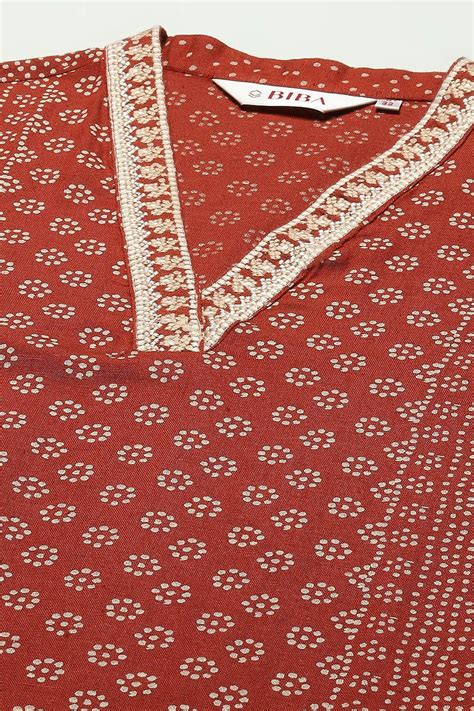 Rust Printed Regular Fit Straight Kurta at Biba India