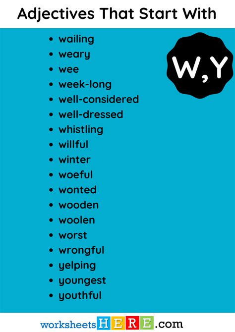 Adjectives That Start With W, Y Vocabulary List PDF Worksheet For ...