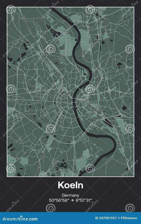Koeln, Germany - Vector Map of City in Dark Gray, Gray, Green, Gray ...