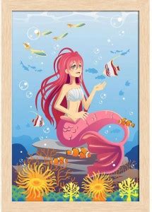 Mermaid In The Ocean With Fish Paper Poster Natural Brown Frame | Top ...
