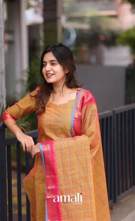 Meera Chettinad Cotton Salwar - two tone Orange and Pink – Amali Salwars