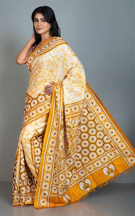 Pure Silk Hand Embroidery Hand Batik Kantha Stitch Saree in Beige, Gol ...