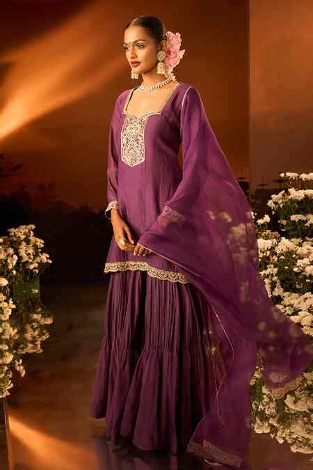 Buy Purple Chanderi, Silk, Organza Embroidery Kurta Gharara Set For ...