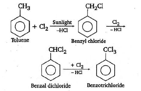 On treatment with chlorine in presence of sunlight, toluene gives the ...