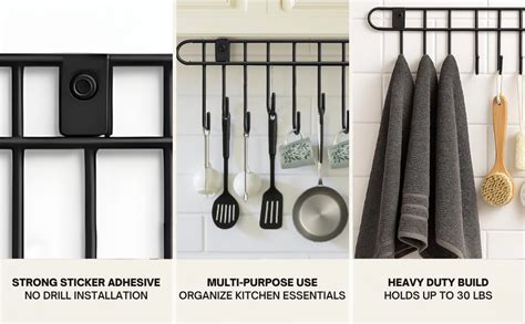 THE ORGANISER COMPANY Self Adhesive Kitchen Hook Rack | No Drill Wall ...