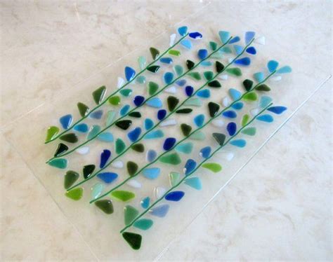 Fused Glass Plate, Serving Dish, Blooming Branches in Blue, Turquoise ...