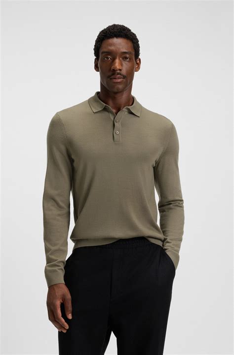 BOSS - Long-sleeved knit polo sweater in Italian virgin wool - Brown