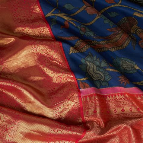 Navy Blue Kalamkari Saree with Kanjivaram Border – WeaveinIndia
