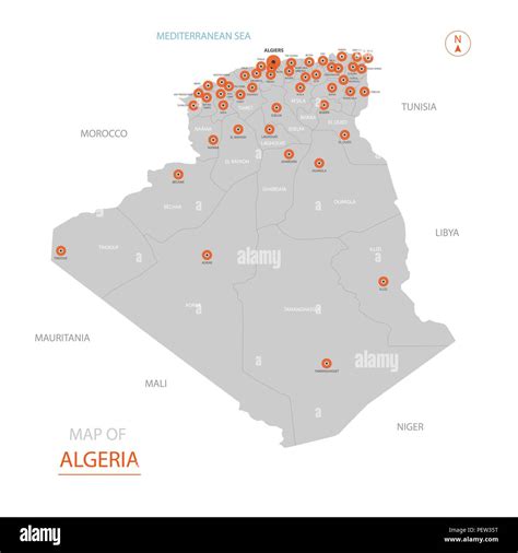 Stylized vector Algeria map showing big cities, capital Algiers, administrative divisions Stock ...