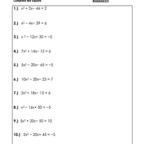 Solve Quadratic Equations by Competing the Square Worksheets