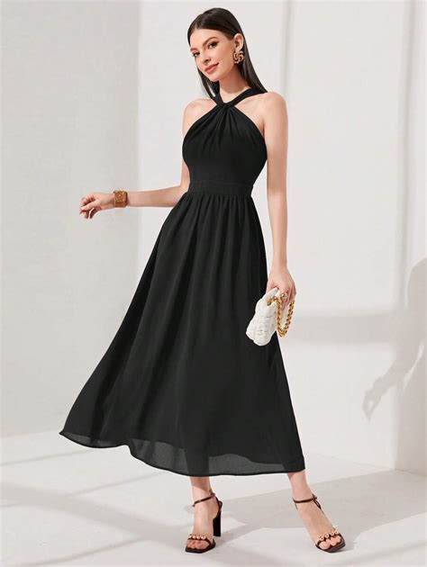 SHEIN Modely Solid Halter Neck A-line Dress | SHEIN USA