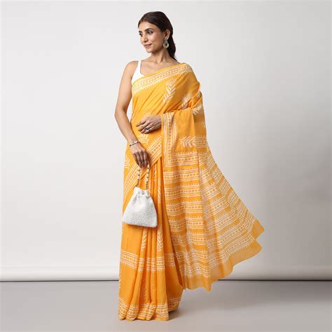 Sunshine Swirl - Yellow Haldi Hand Block Bagru Print Cotton Saree ...