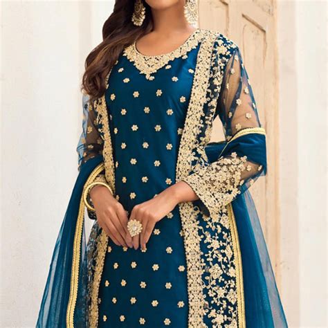 Blue Floral Embroidered Net Semi Stitched Pakistani Suit