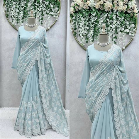 Glorious Sequence Thread Work Sky Blue Color Saree – Vastra Shop