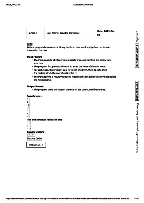 DSA CTC63554 Lab Record: Binary Tree Traversals & Node Count - Studocu