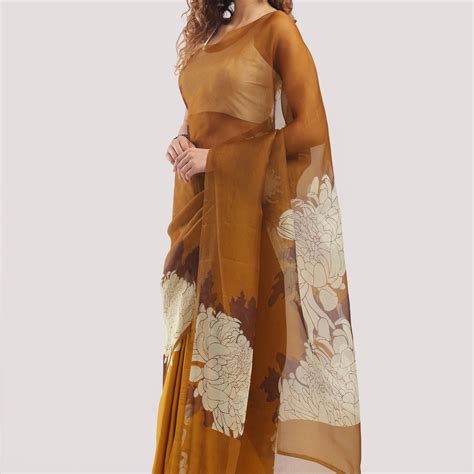 Silk Satin Body Organza Pallu Half And Half Saree - Mustard Brown ...