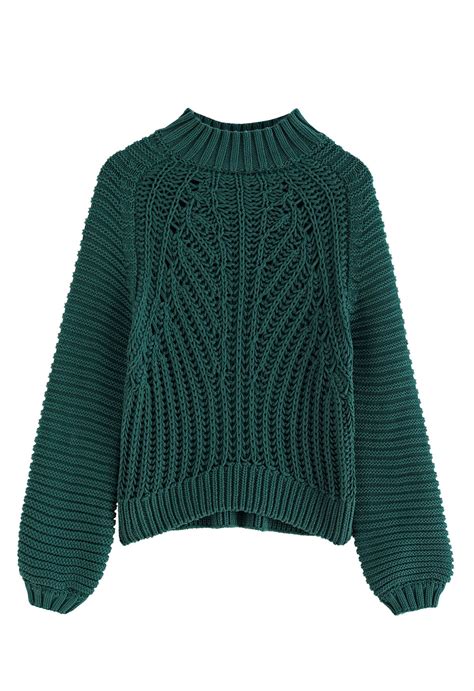 Exaggerated Ribbed High Neck Chunky Knit Crop Sweater in Dark Green ...